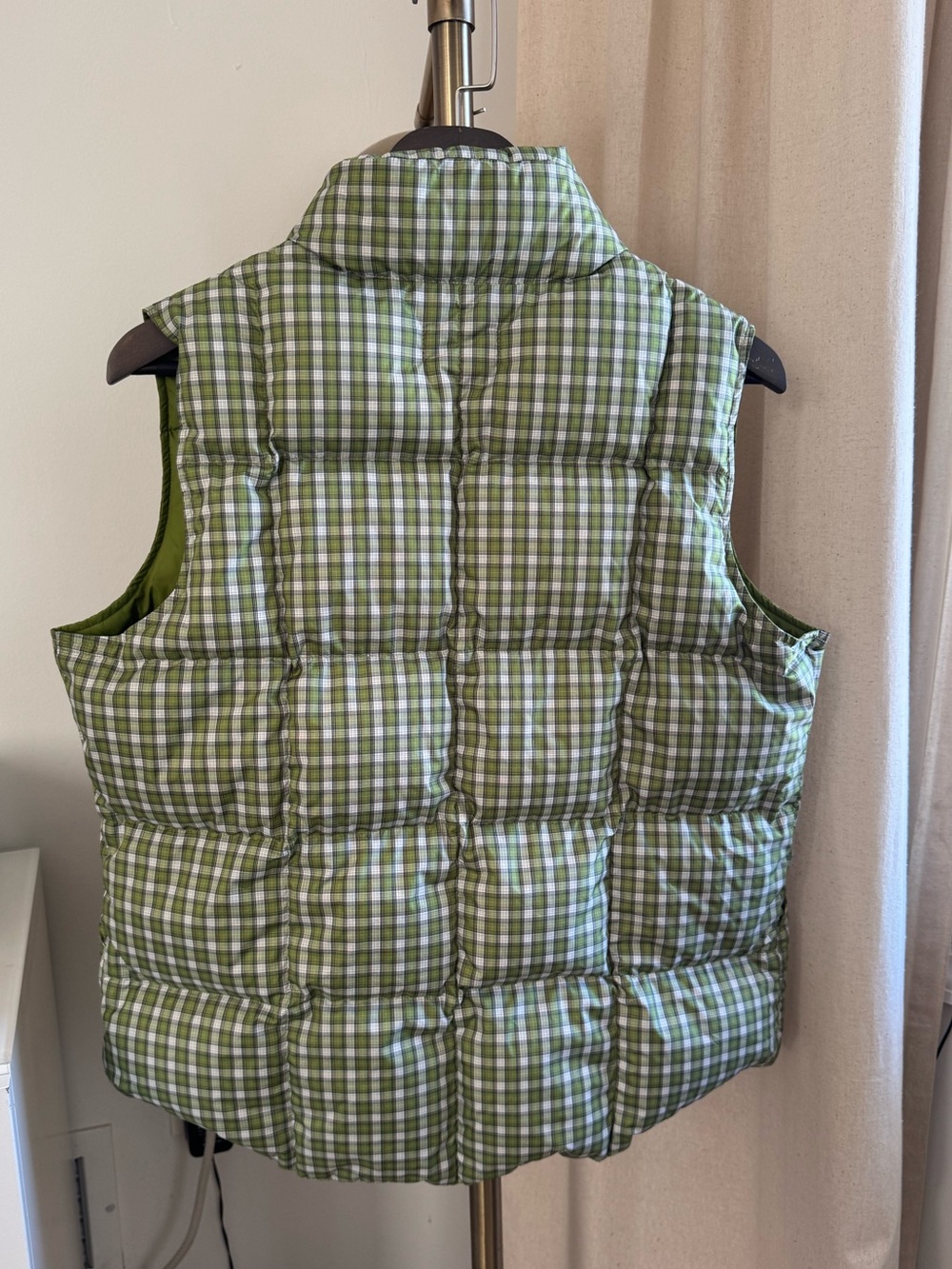VTG Lands' End Gingham Plaid Down Puffer Vest Green White - Picture 6 of 6